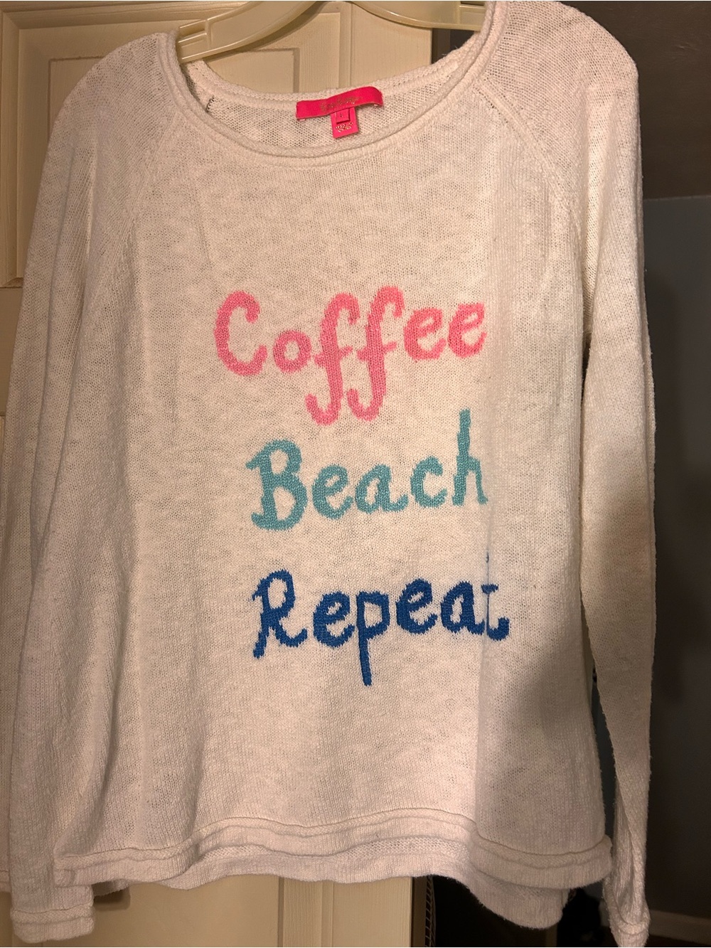 Cozy White 'Coffee Beach Repeat' Graphic Danette Sweater - Pink/Teal/Blue
